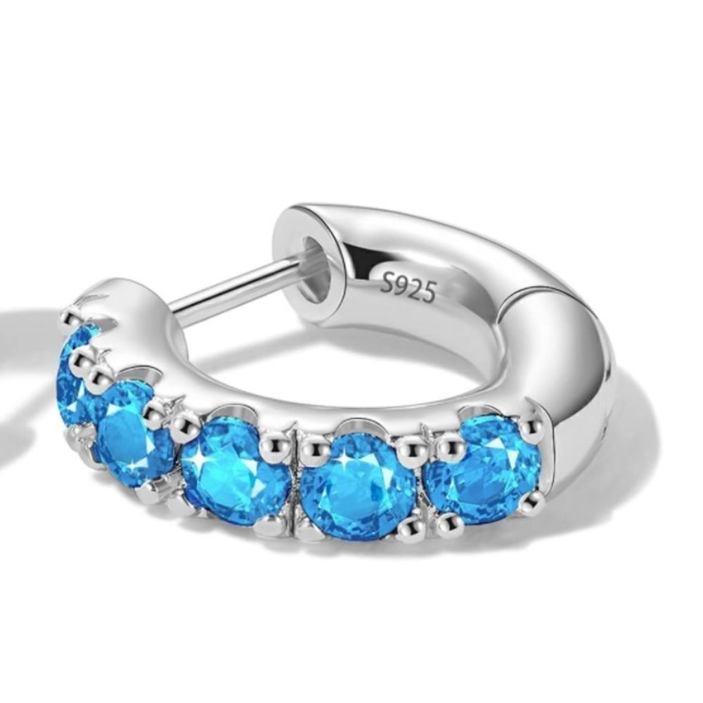 14K White Gold 925 Sterling Silver and Aquamarine Cubic Zirconia Huggie Earrings - Picture 2 of 7